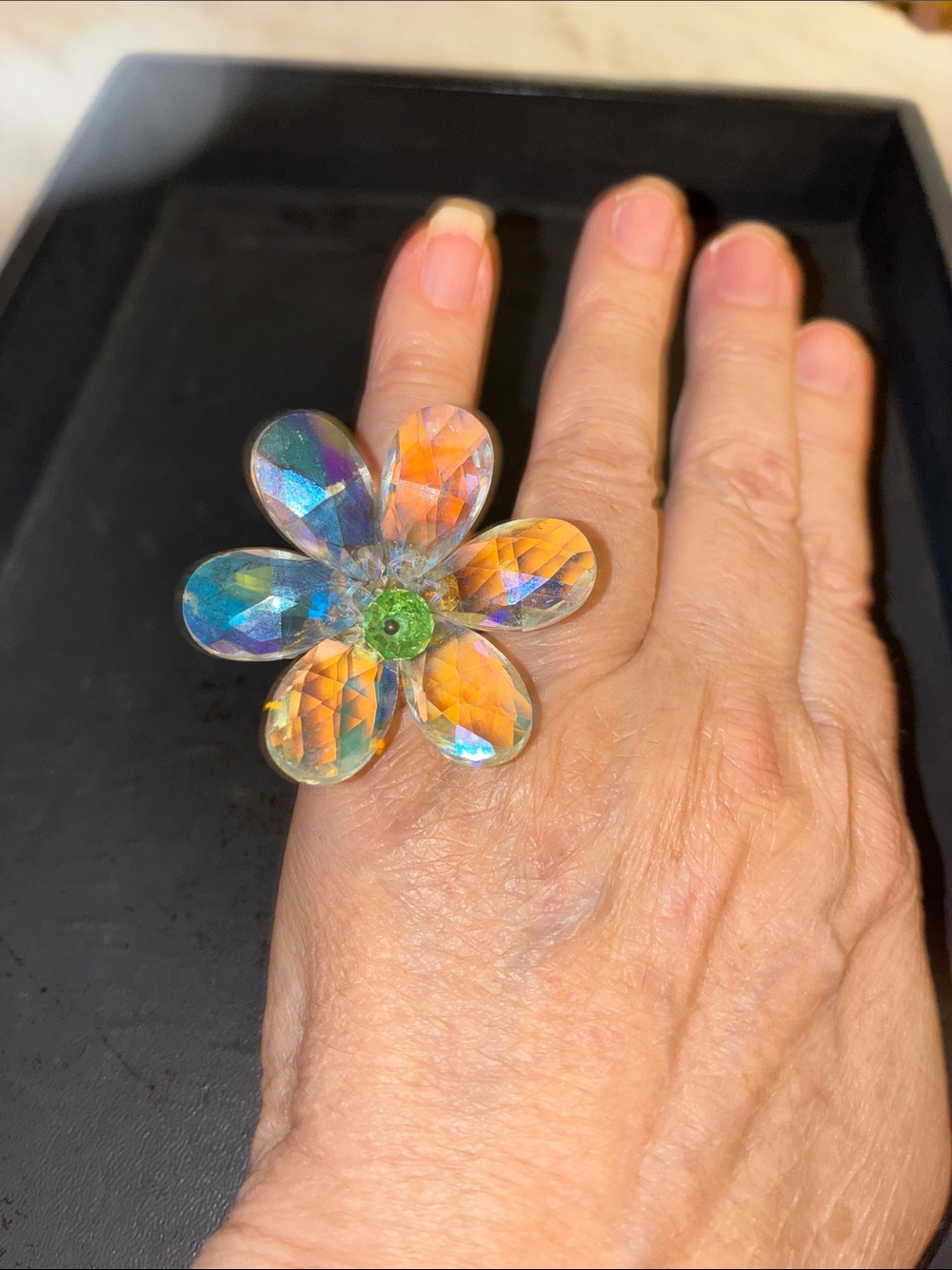 Iridescent Flower Cocktail Stretch Ring - Clear/Multicolor -